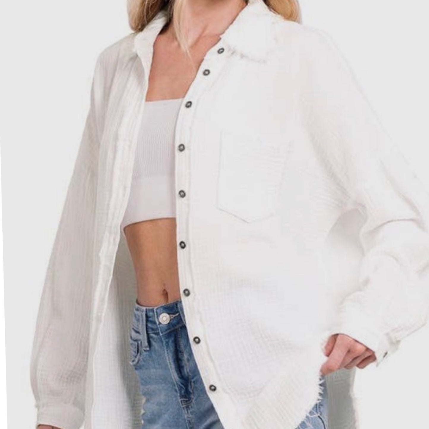 Raw Edge Oversized Shirt-White