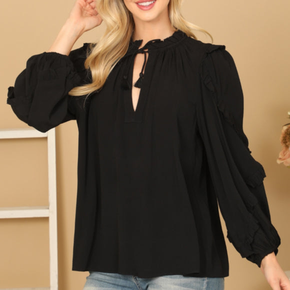 Black Ruffle Puff Top