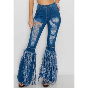 Fringe Bell Bottom Jeans -Mid Blue