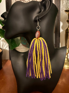 Football Yarn Earrings-Purple & Gold