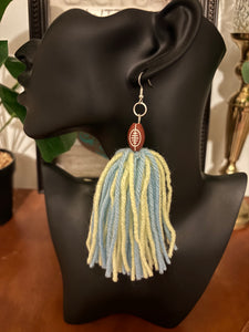 Football Yarn Earrings-Light Blue & Yellow