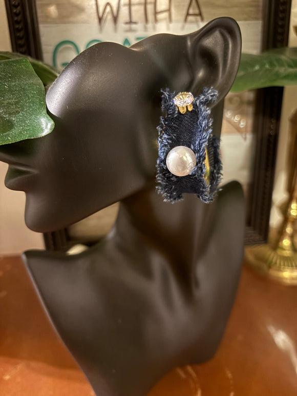 Frayed Denim Pearl Rhinestone Earrings