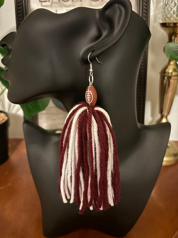 Football Yarn Earrings-Burgundy & White