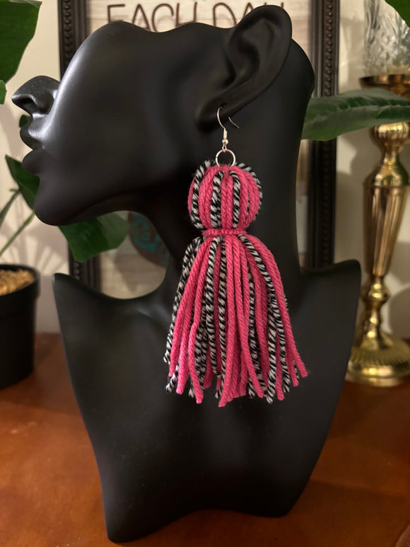 Tassel Me Earrings-Hot Pink/Black and White Checkered