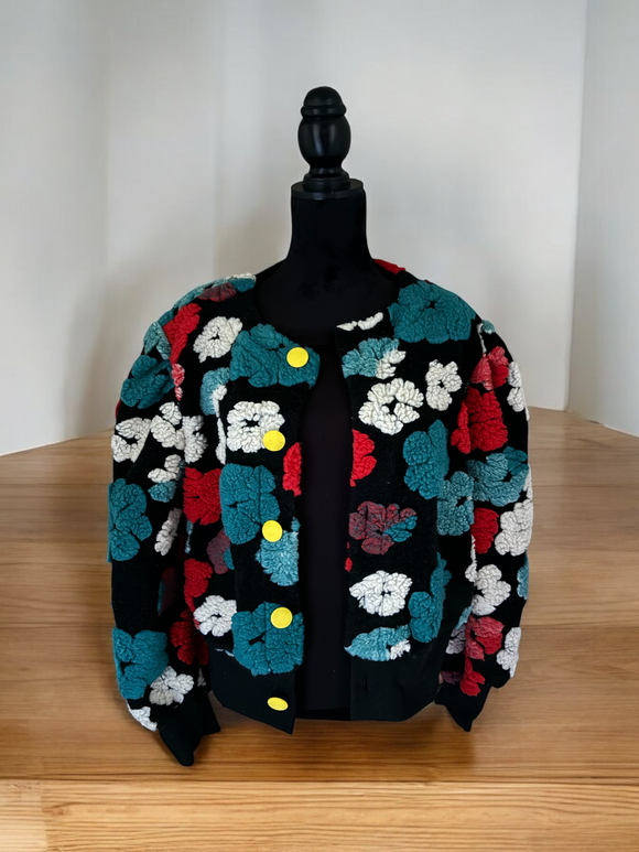 Floral Cropped Jacket-Blue