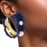 Frayed Denim Pearl Rhinestone Earrings