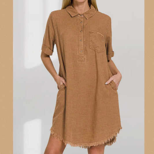 Raw Edge Linen Dress-Deep Camel