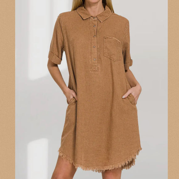 Raw Edge Linen Dress-Deep Camel